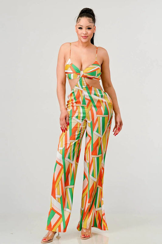 Orange Luxe geo Spaghetti Strap satin bra top and palazzo jumpsuit Jumpsuits & Rompers jehouze
