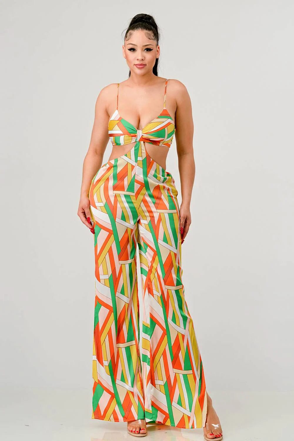 Orange Luxe geo Spaghetti Strap satin bra top and palazzo jumpsuit Jumpsuits & Rompers jehouze S