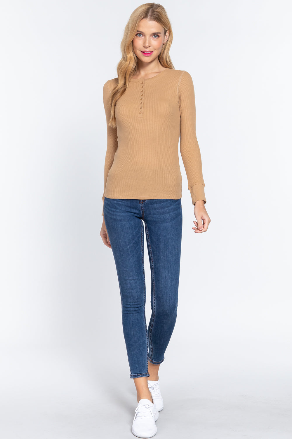 Pecan Brown Long Sleeve Waffle Knit Stretch Cotton Henley Thermal Top Shirt Shirts & Tops jehouze