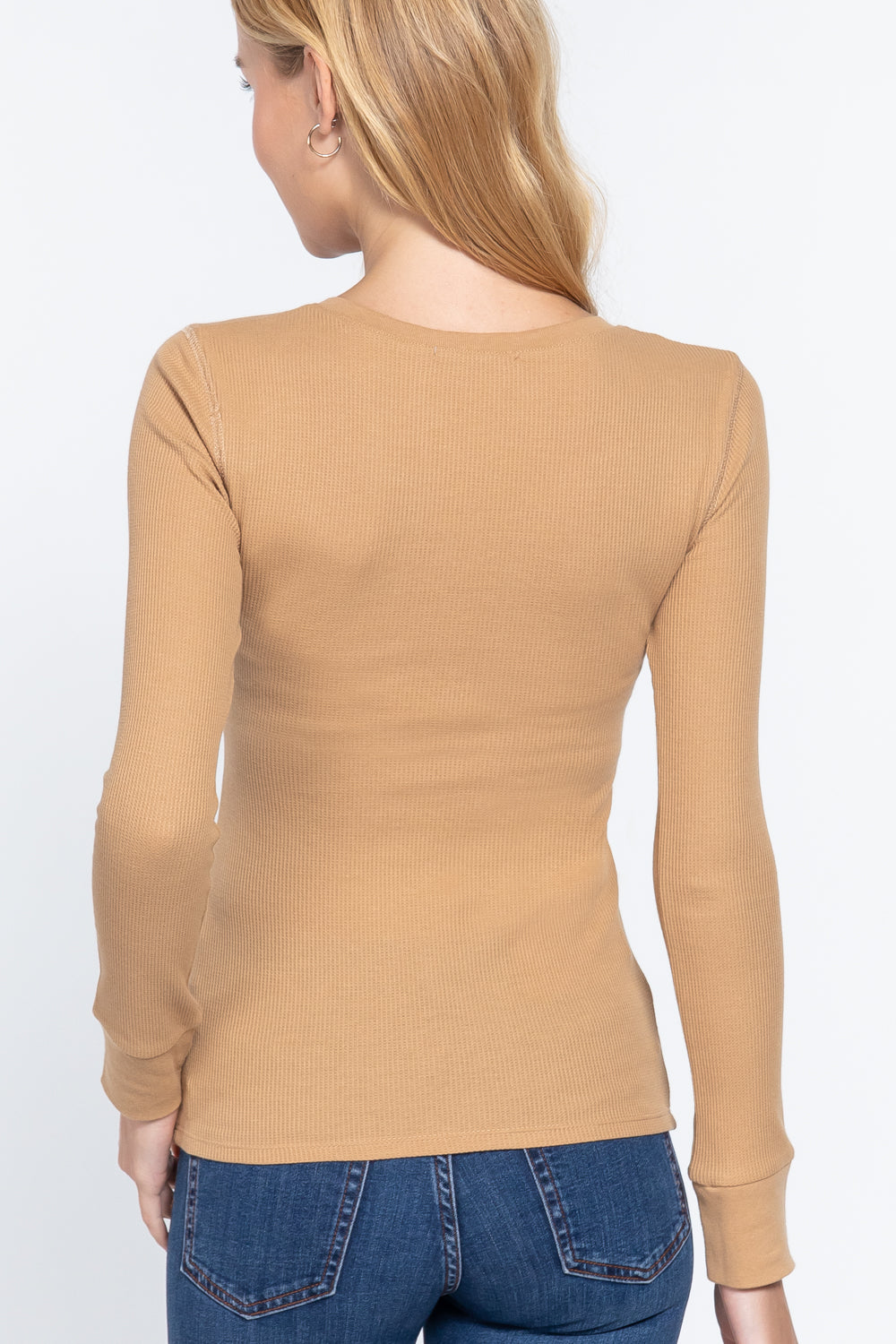 Pecan Brown Long Sleeve Waffle Knit Stretch Cotton Henley Thermal Top Shirt Shirts & Tops jehouze