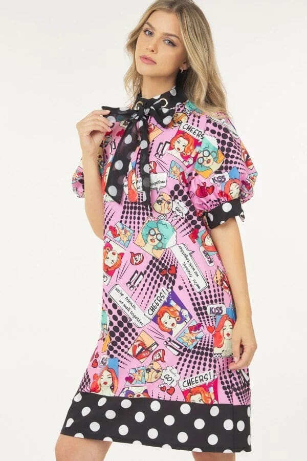 Pink Short Puff Sleeve Cartoon Printed Polka Dot Midi Dress Dresses jehouze