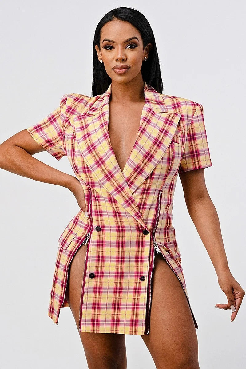 Pink Wide Collared Double Breasted Plaid Work Blazer Mini Dress Coats & Jackets jehouze