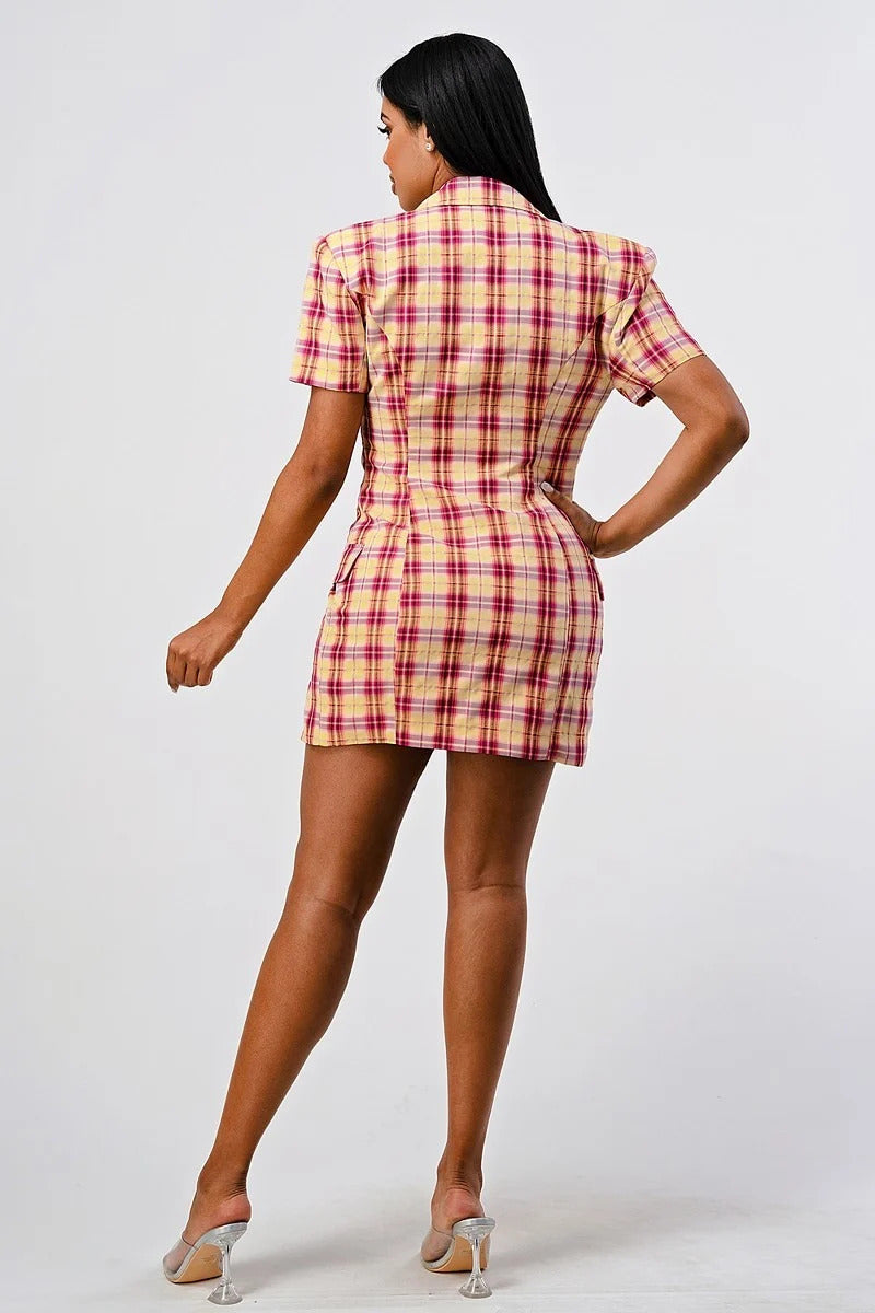 Pink Wide Collared Double Breasted Plaid Work Blazer Mini Dress Coats & Jackets jehouze