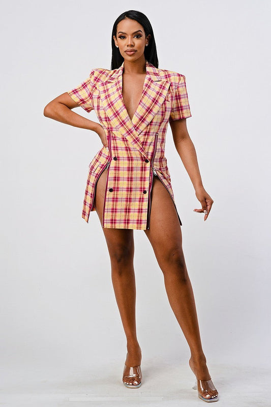 Pink Wide Collared Double Breasted Plaid Work Blazer Mini Dress Coats & Jackets jehouze