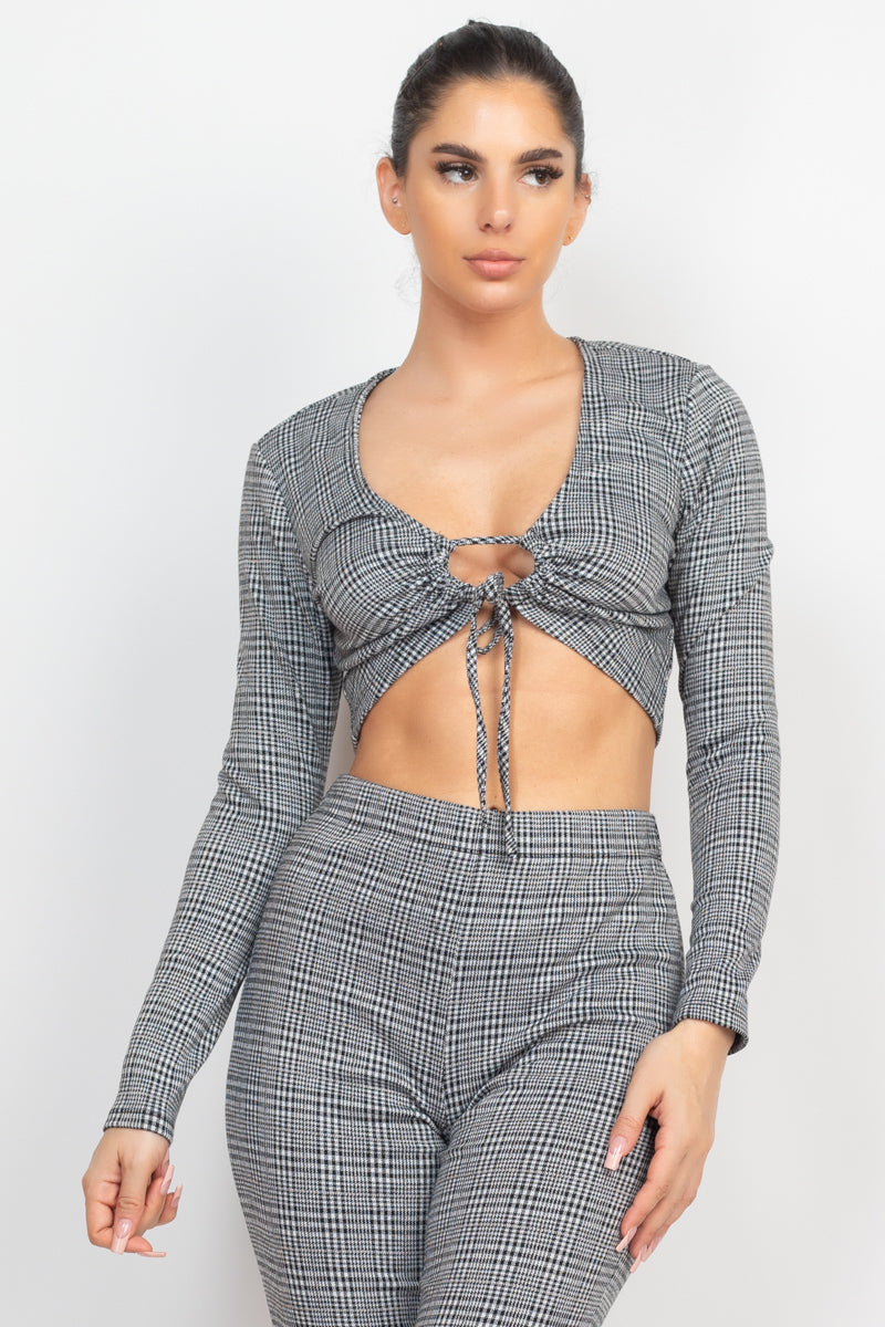 Plaid Black white Cut-out Long Sleeve Top & Pants Outfit Set Matching Sets jehouze