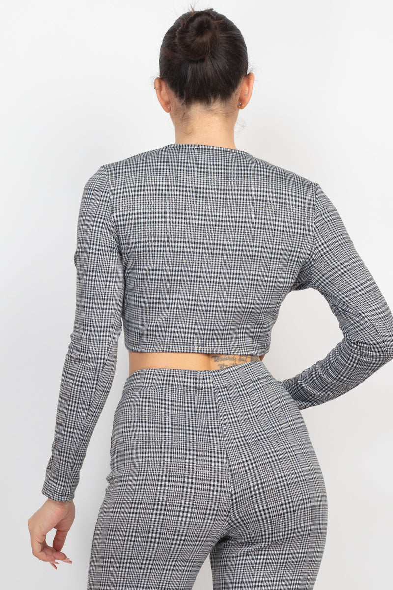 Plaid Black white Cut-out Long Sleeve Top & Pants Outfit Set Matching Sets jehouze