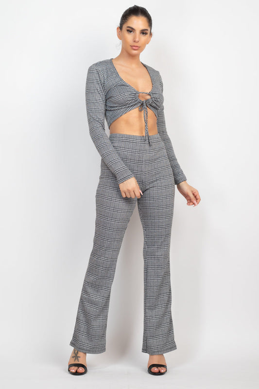 Plaid Black white Cut-out Long Sleeve Top & Pants Outfit Set Matching Sets jehouze