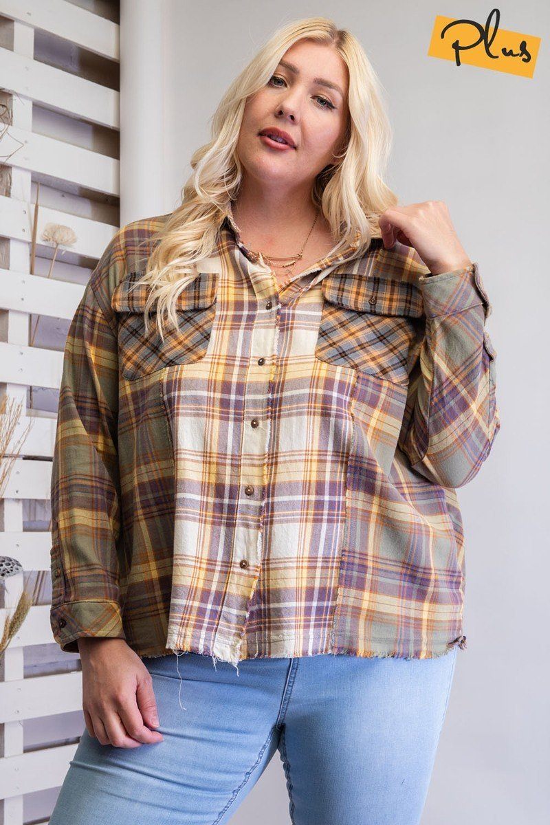 Plaid Mix Button Down Faded olive Shirt Shirts & Tops jehouze