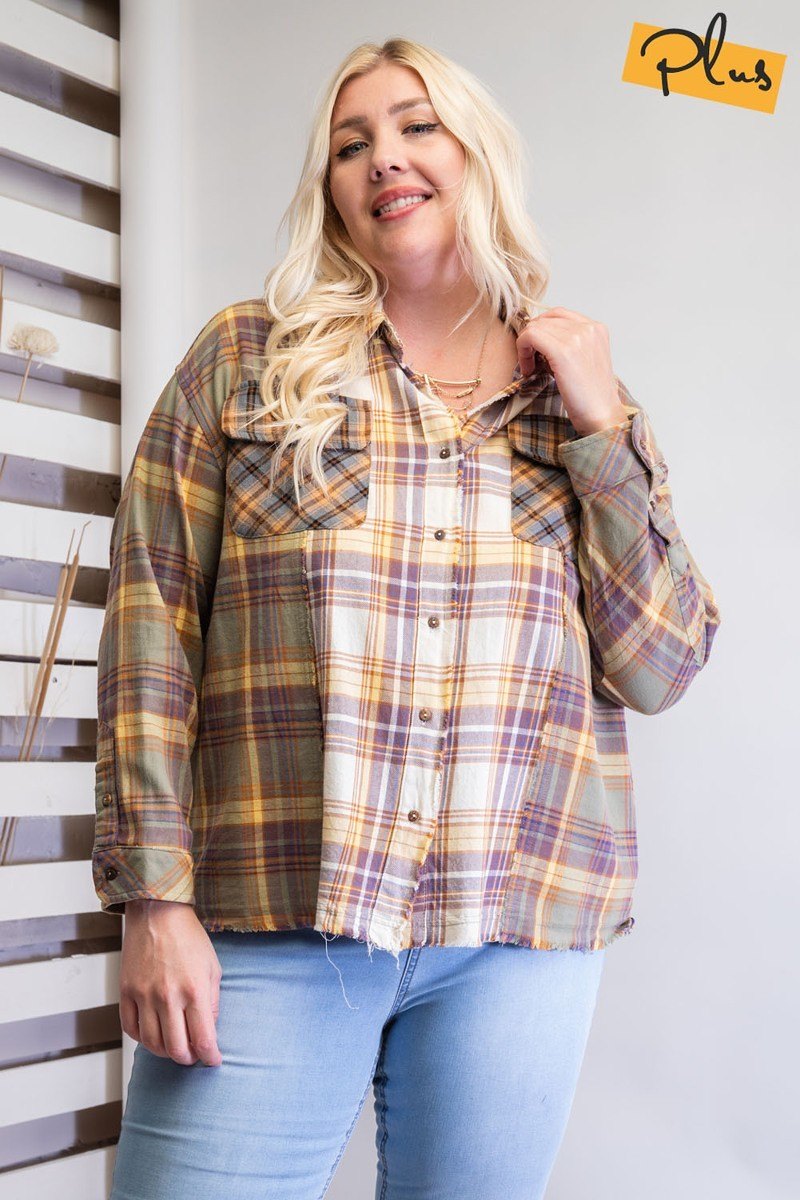 Plaid Mix Button Down Faded olive Shirt Shirts & Tops jehouze