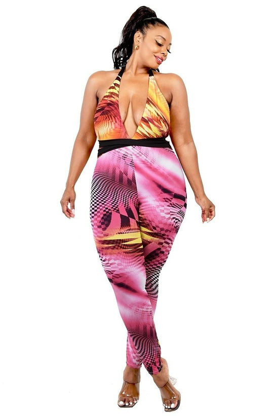 Plus Fuchsia Yellow Color Pattern Criss Cross Mock Neck Jumpsuit Shirts & Tops jehouze