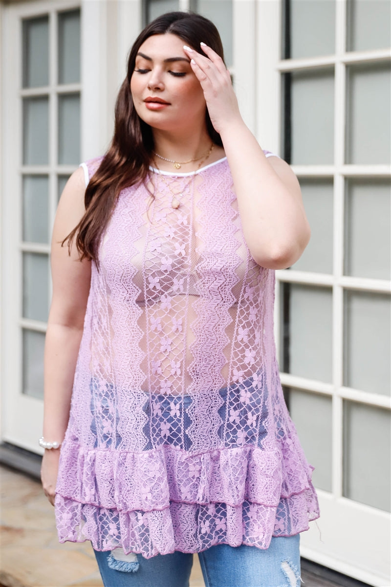 Plus Lace Sheer Ruffle Hem Sleeveless Maxi Purple Top Shirts & Tops jehouze