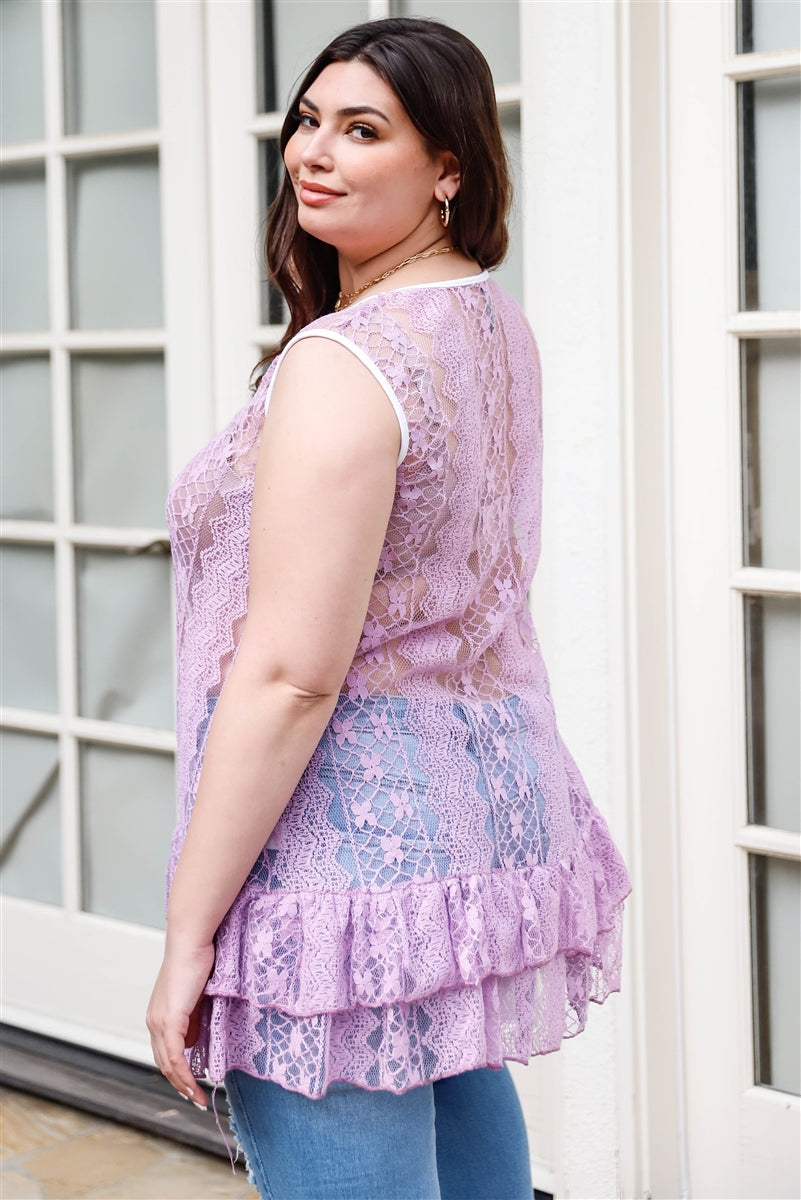 Plus Lace Sheer Ruffle Hem Sleeveless Maxi Purple Top Shirts & Tops jehouze