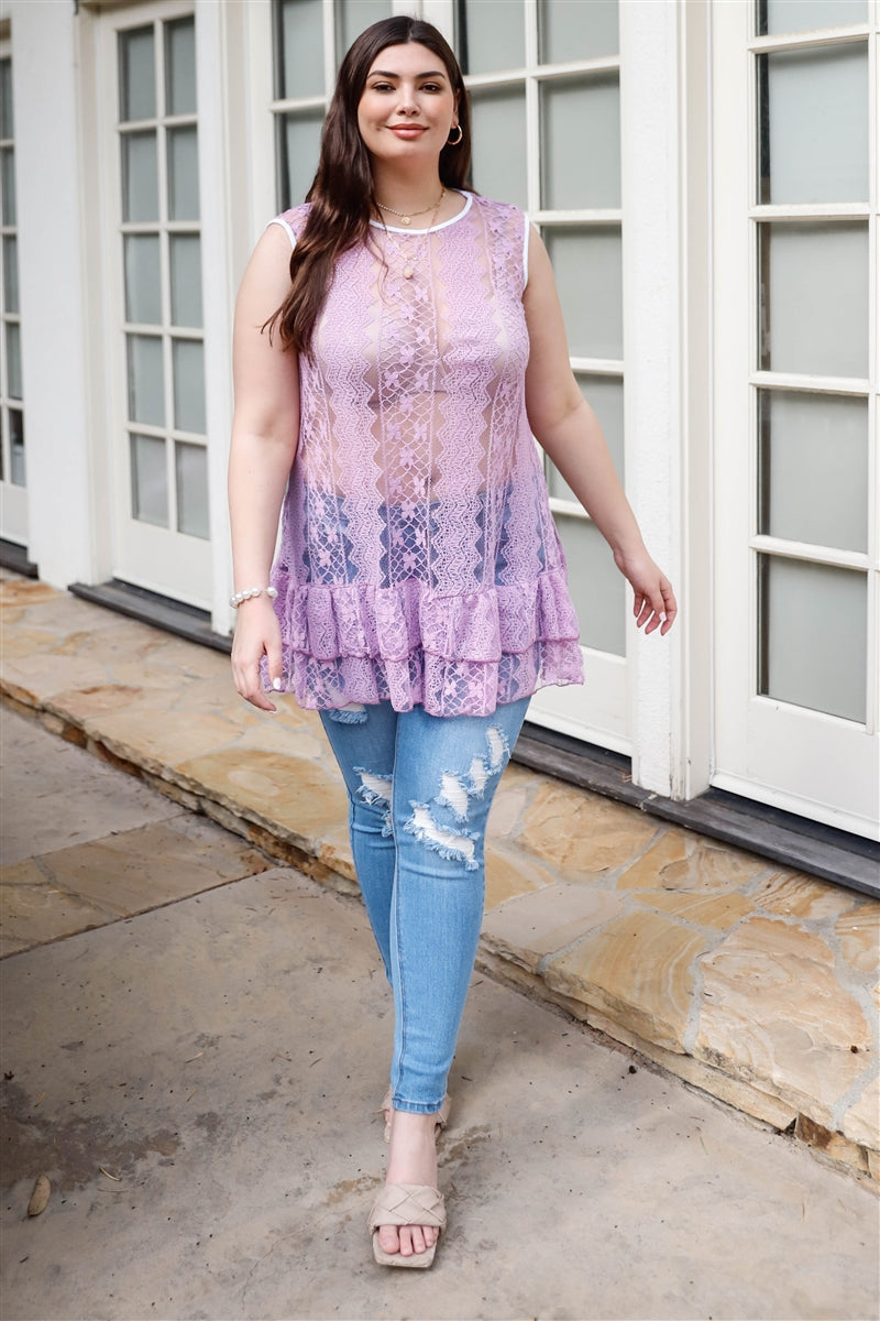 Plus Lace Sheer Ruffle Hem Sleeveless Maxi Purple Top Shirts & Tops jehouze