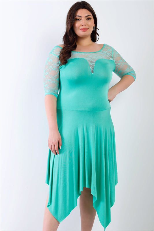 Plus Mint Lace Short Sleeves Handkerchief Hem Asymmetrical Cocktail Party Swing Dress Dresses jehouze