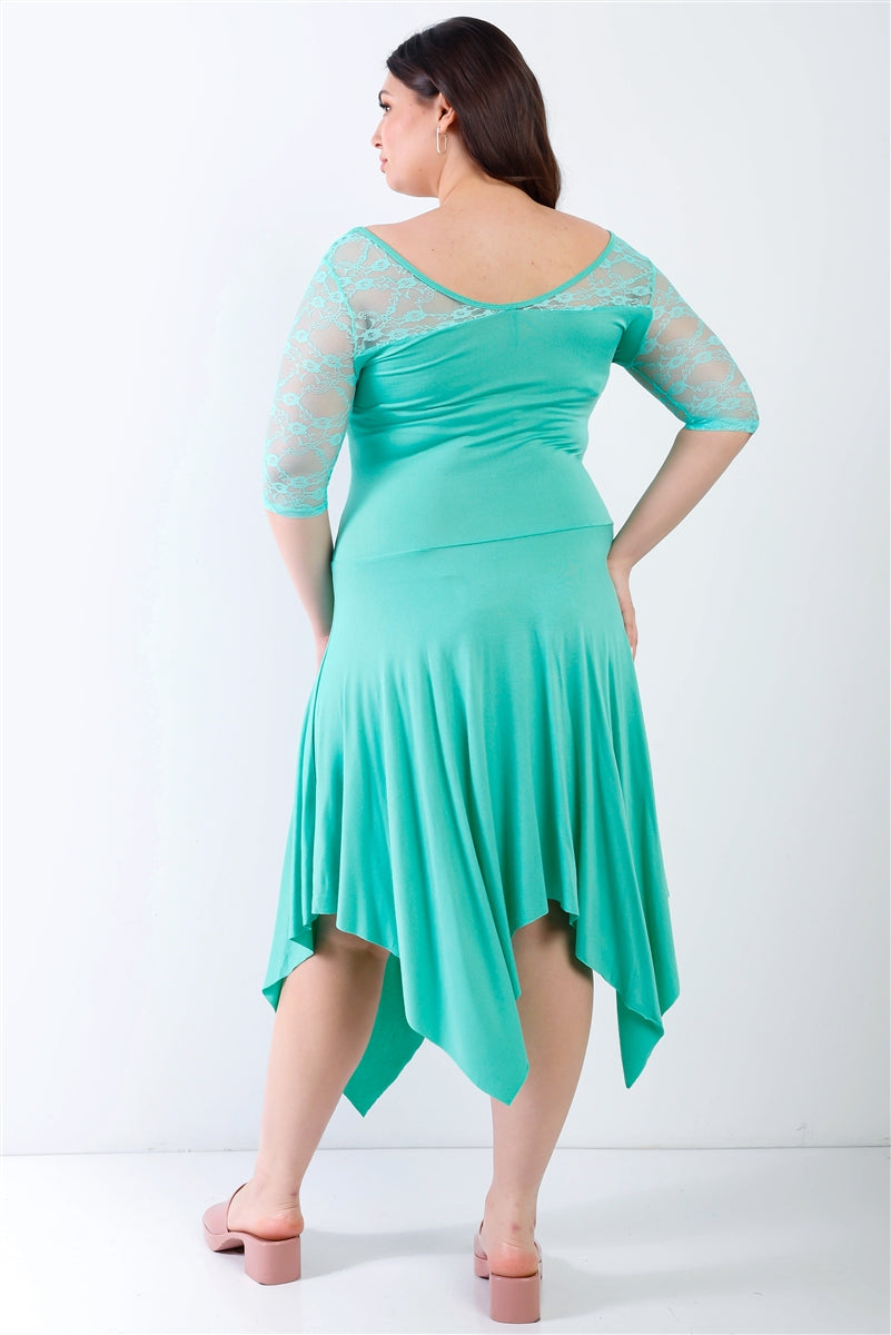 Plus Mint Lace Short Sleeves Handkerchief Hem Asymmetrical Cocktail Party Swing Dress Dresses jehouze