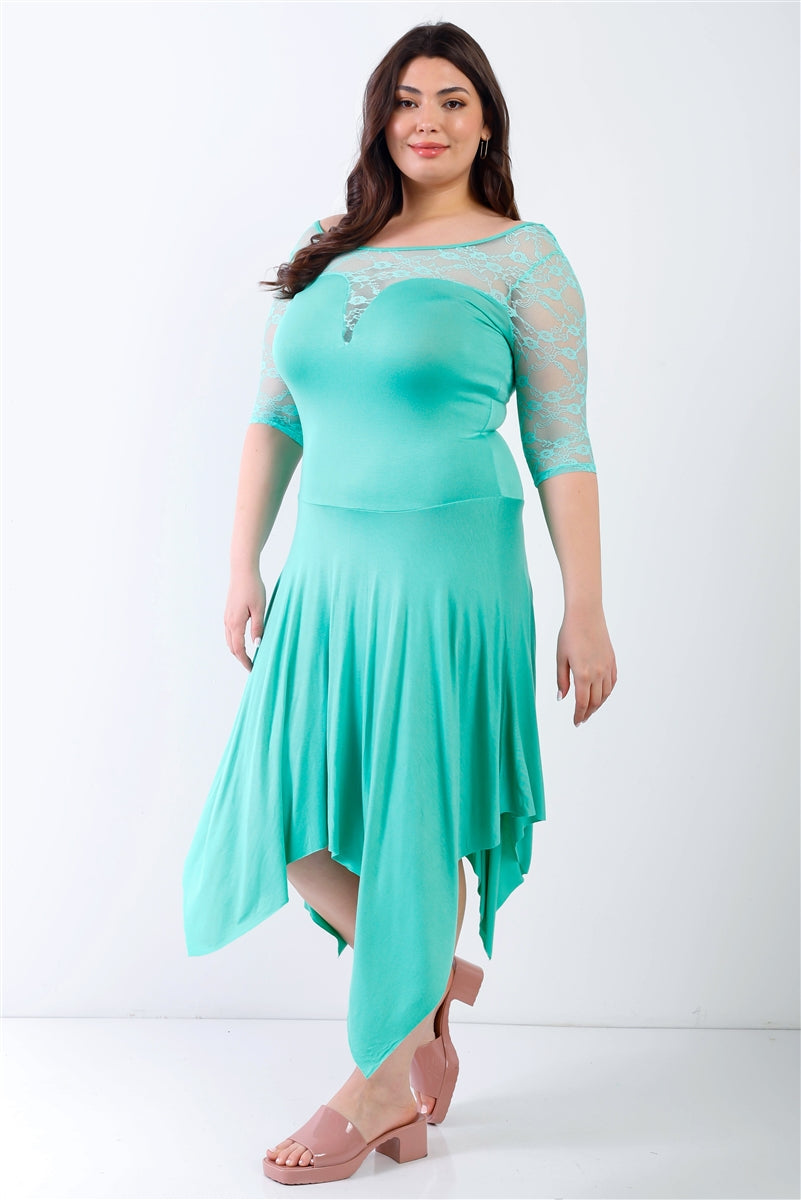 Plus Mint Lace Short Sleeves Handkerchief Hem Asymmetrical Cocktail Party Swing Dress Dresses jehouze