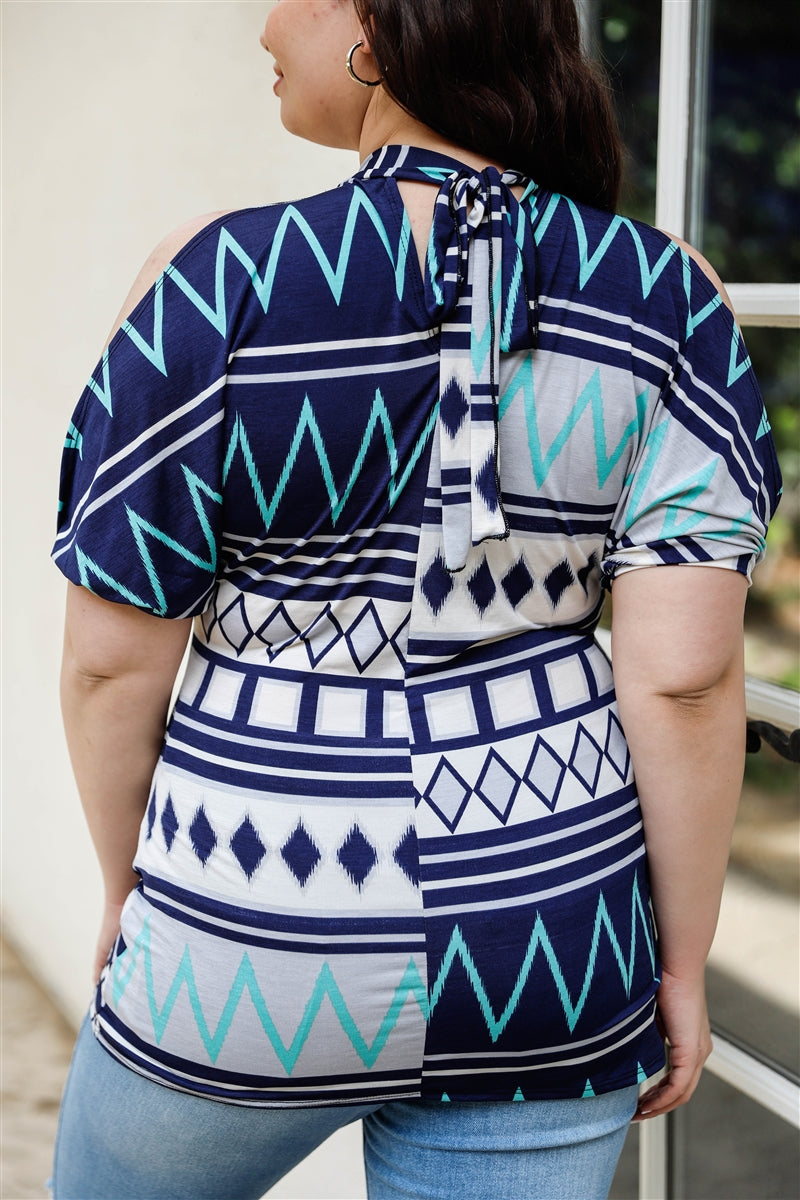 Plus Navy Mint Polka Dot Cold Shoulder Short Sleeve Back Self-tie Top Shirts & Tops jehouze