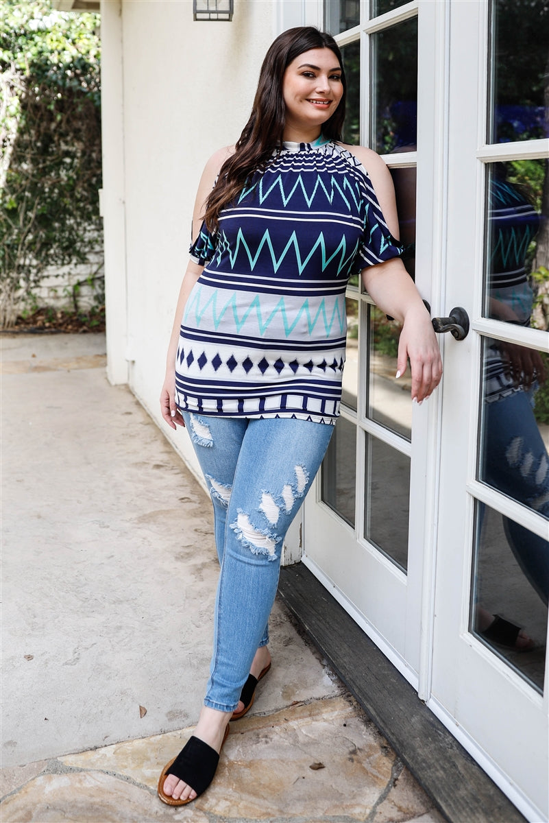 Plus Navy Mint Polka Dot Cold Shoulder Short Sleeve Back Self-tie Top Shirts & Tops jehouze