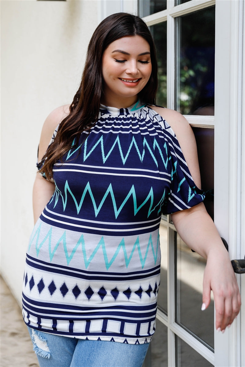 Plus Navy Mint Polka Dot Cold Shoulder Short Sleeve Back Self-tie Top Shirts & Tops jehouze