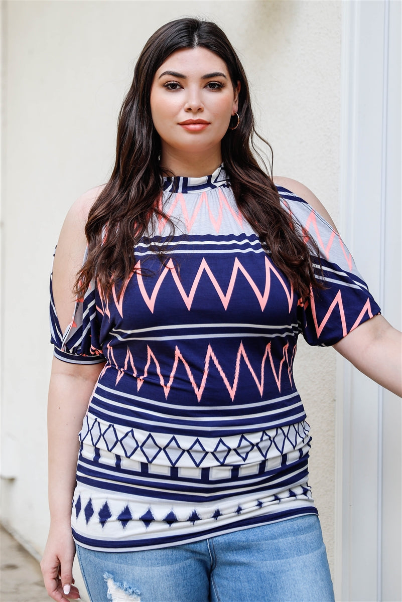Plus Navy Multi Polka Dot Cold Shoulder Short Sleeve Back Self-tie Top Shirts & Tops jehouze
