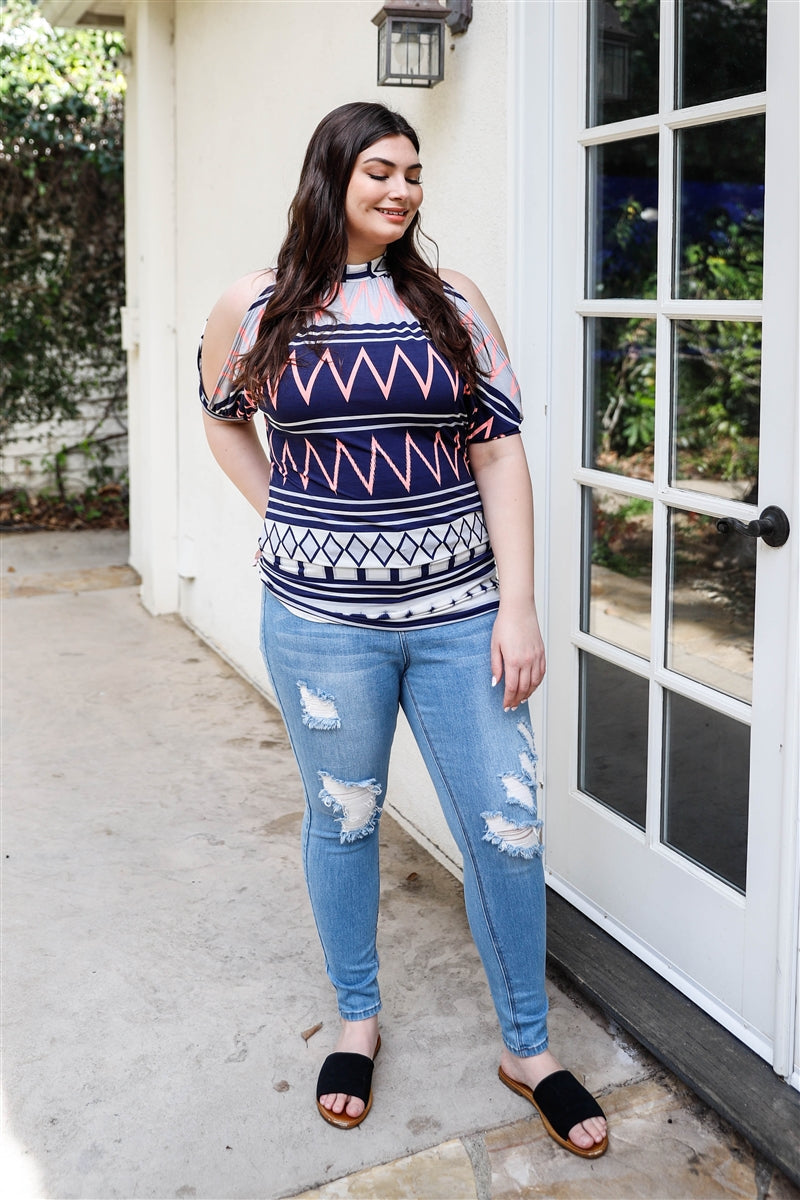 Plus Navy Multi Polka Dot Cold Shoulder Short Sleeve Back Self-tie Top Shirts & Tops jehouze