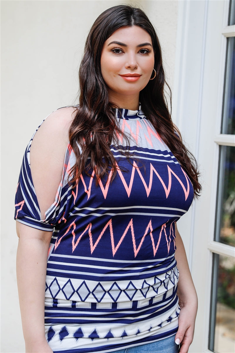 Plus Navy Multi Polka Dot Cold Shoulder Short Sleeve Back Self-tie Top Shirts & Tops jehouze