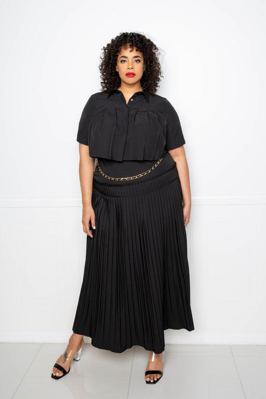 Plus Size 2 piece Black Pleated Cropped Short Sleeve Shirt And Maxi Skirt Set Matching Sets jehouze 