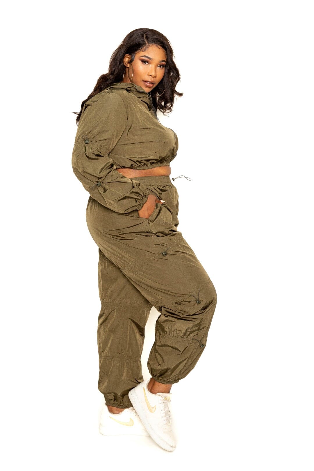 Plus Size 2 piece Olive Green Cord Lock Detail Long Sleeve Zip Up Crop Top and pant activewear Set jehouze 