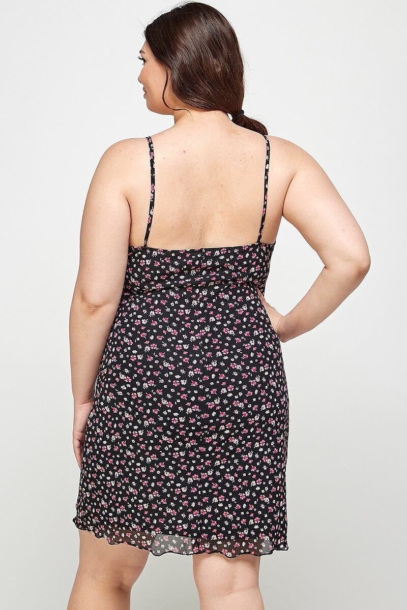 Plus Size Black Ditsy Floral Print On Mesh Fabric Spaghetti Strap Party Cami Mini Bodycon Dress jehouze