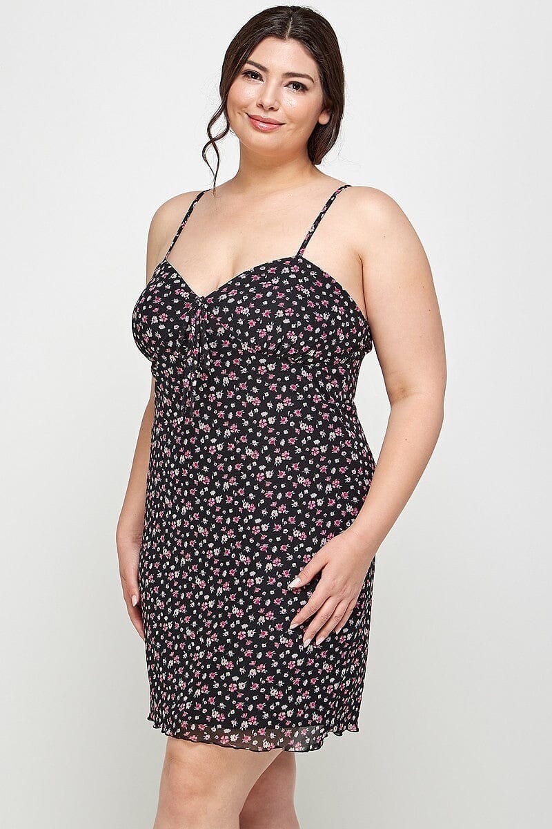 Plus Size Black Ditsy Floral Print On Mesh Fabric Spaghetti Strap Party Cami Mini Bodycon Dress jehouze
