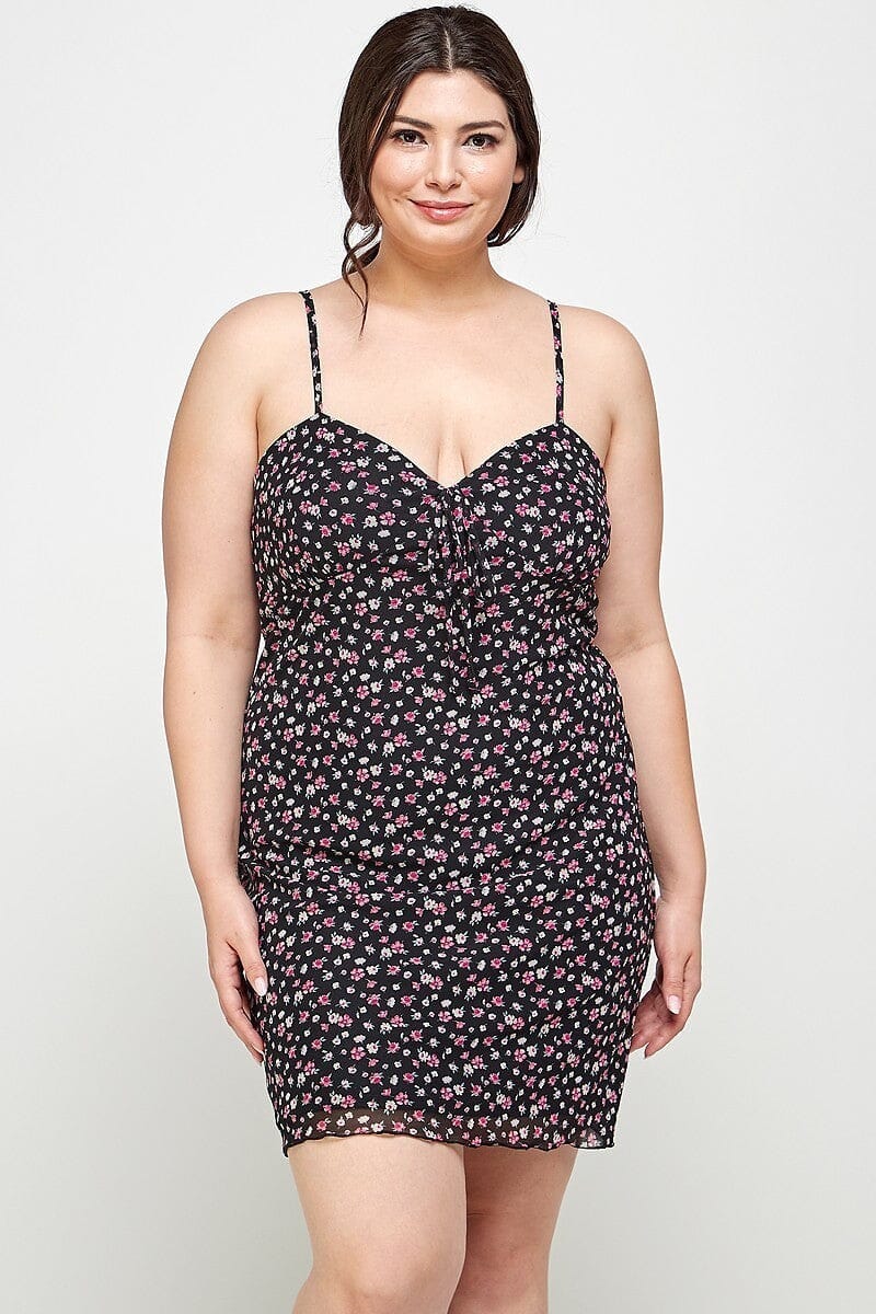 Plus Size Black Ditsy Floral Print On Mesh Fabric Spaghetti Strap Party Cami Mini Bodycon Dress jehouze