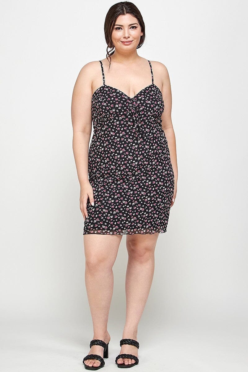 Plus Size Black Ditsy Floral Print On Mesh Fabric Spaghetti Strap Party Cami Mini Bodycon Dress jehouze