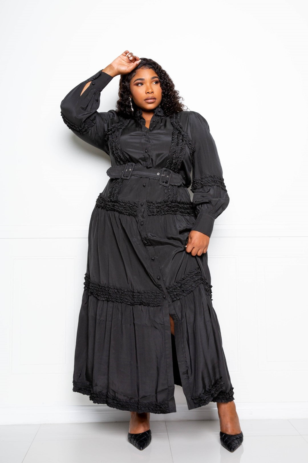 Plus Size Black long Sleeve Button Down Belted Ruffle Flowy Maxi Dress Dresses jehouze