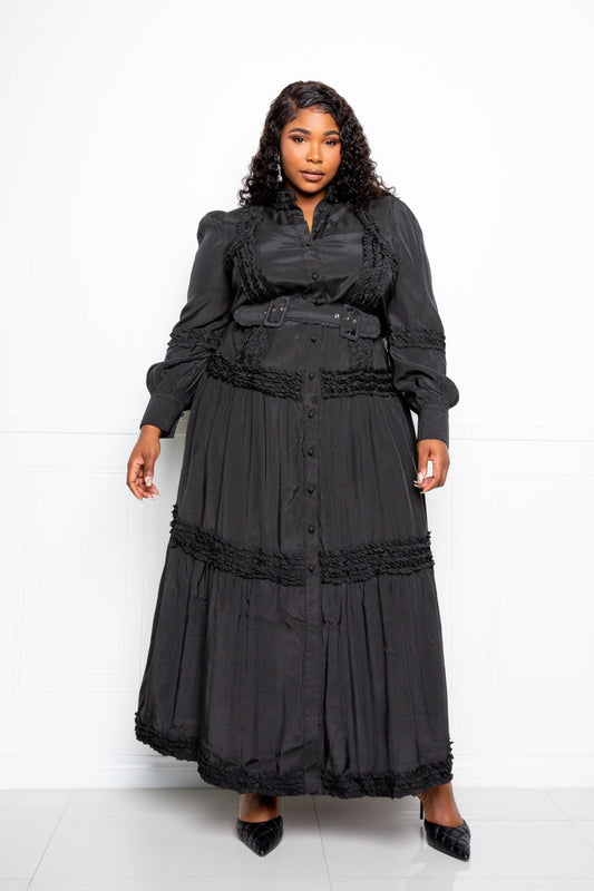 Plus Size Black long Sleeve Button Down Belted Ruffle Flowy Maxi Dress Dresses jehouze