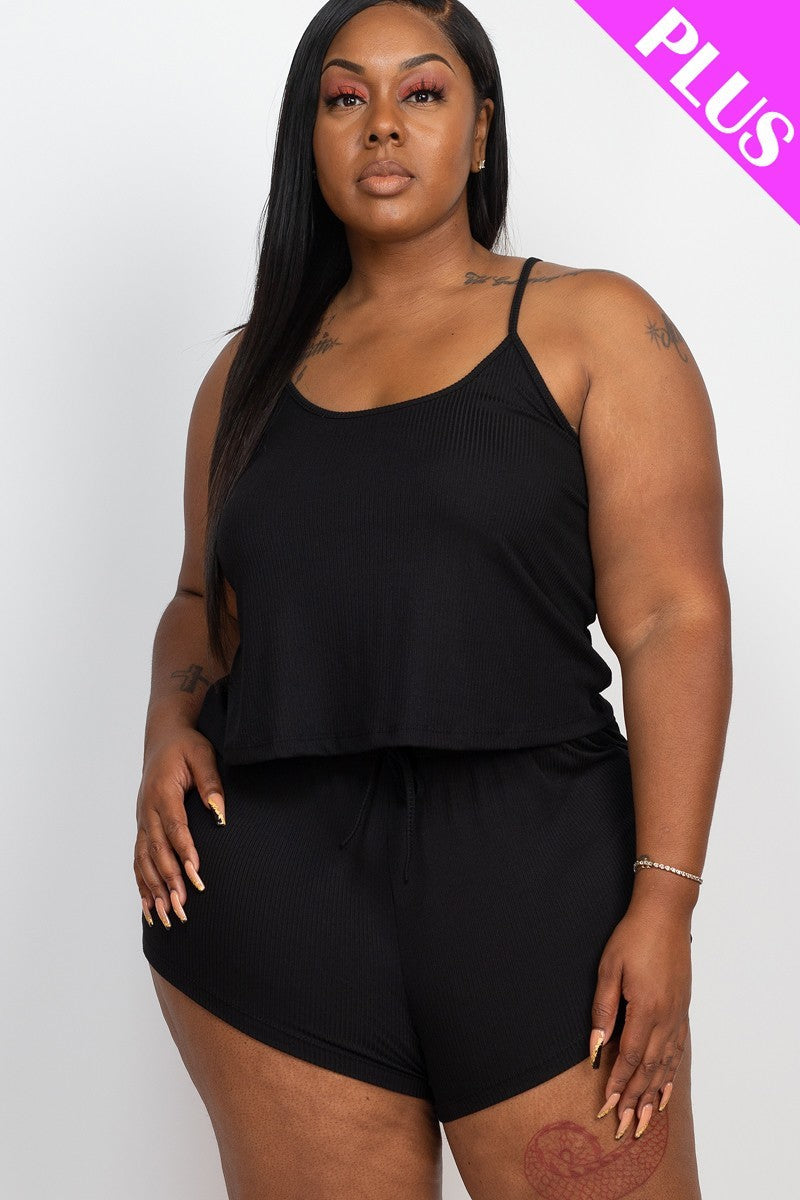 Plus Size Black Ribbed Strappy Top And Shorts Set – JeHouze.US