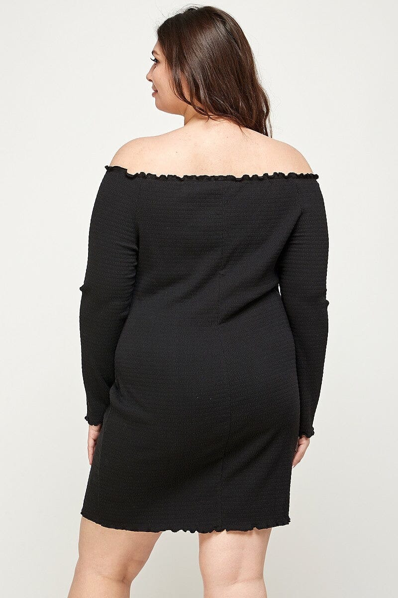 Plus Size Black Solid Smocked Off Shoulder Long Sleeves Mini Dress jehouze