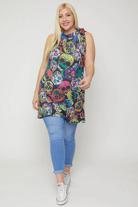 Plus Size black Sugar Skull Sublimation Print Sleeveless Halterneck tops Shirts & Tops jehouze