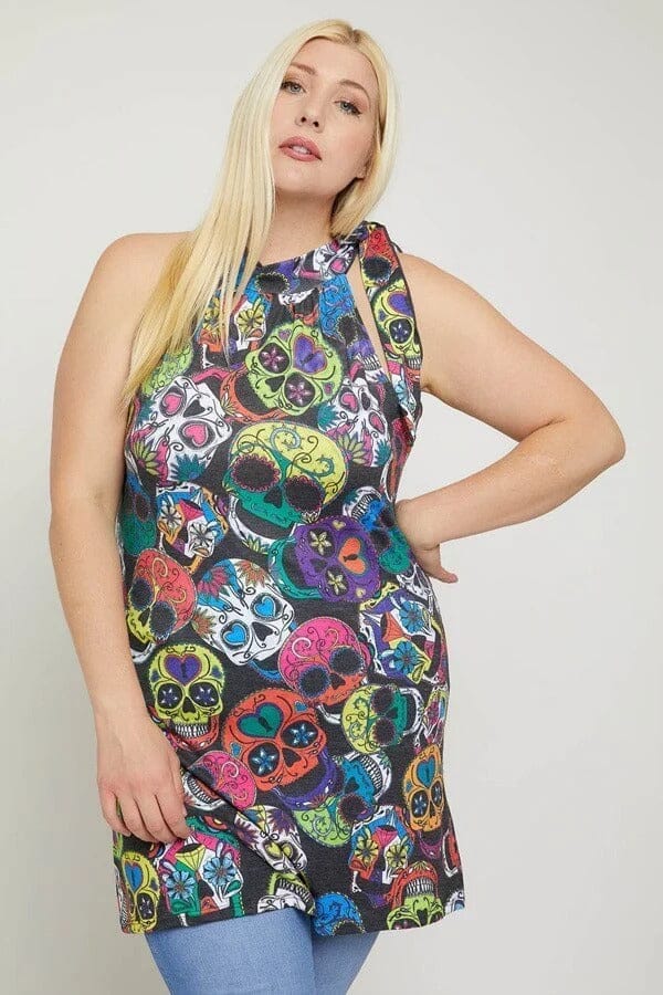 Plus Size black Sugar Skull Sublimation Print Sleeveless Halterneck tops Shirts & Tops jehouze