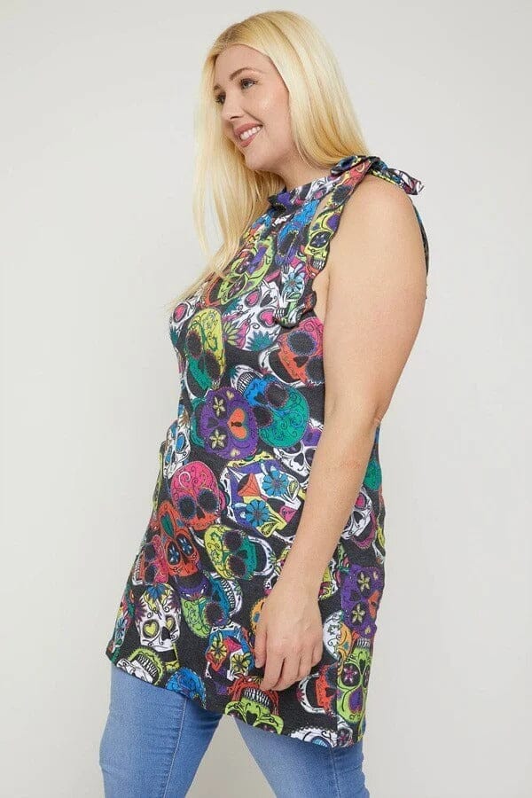 Plus Size black Sugar Skull Sublimation Print Sleeveless Halterneck tops Shirts & Tops jehouze