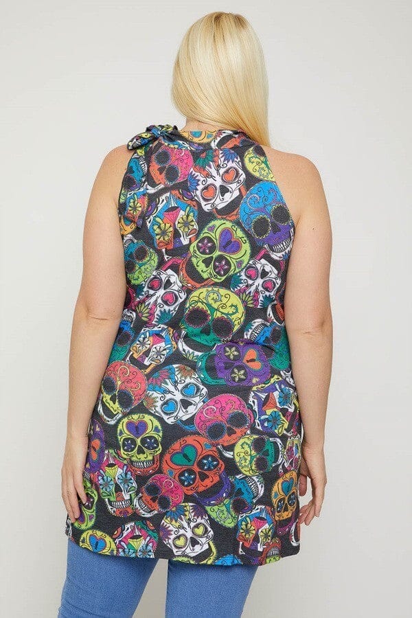 Plus Size black Sugar Skull Sublimation Print Sleeveless Halterneck tops Shirts & Tops jehouze