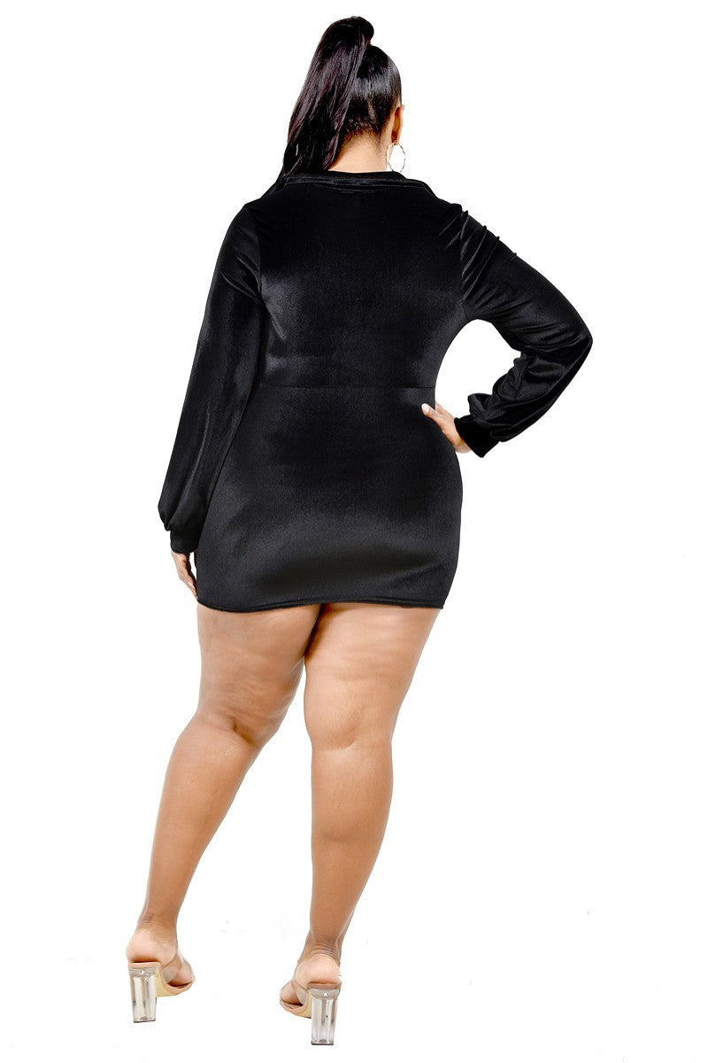 Plus Size Black Velvet Bishop Sleeve Mini Dress Dresses jehouze