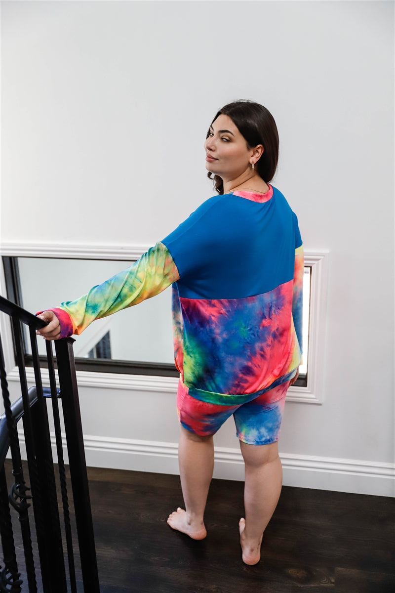 Plus Size Blue Neon Rainbow Tie-dye Colorblock Long Sleeve Top & Biker Shorts Loungewear Set Loungewear jehouze