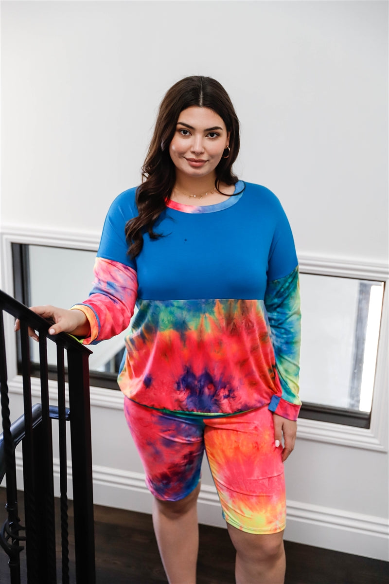 Plus Size Blue Neon Rainbow Tie-dye Colorblock Long Sleeve Top & Biker Shorts Loungewear Set Loungewear jehouze