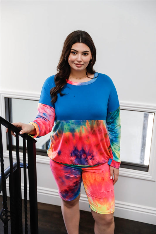 Plus Size Blue Neon Rainbow Tie-dye Colorblock Long Sleeve Top & Biker Shorts Loungewear Set Loungewear jehouze