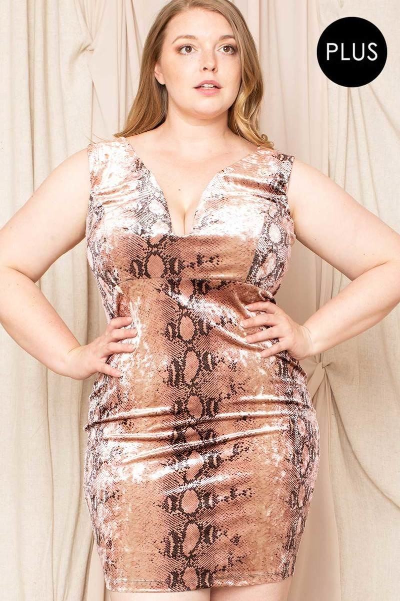 Plus Size Blush Snakeskin Print Sleeveless Deep V Neck Back Zipper Bodycon Mini Dress Dresses jehouze