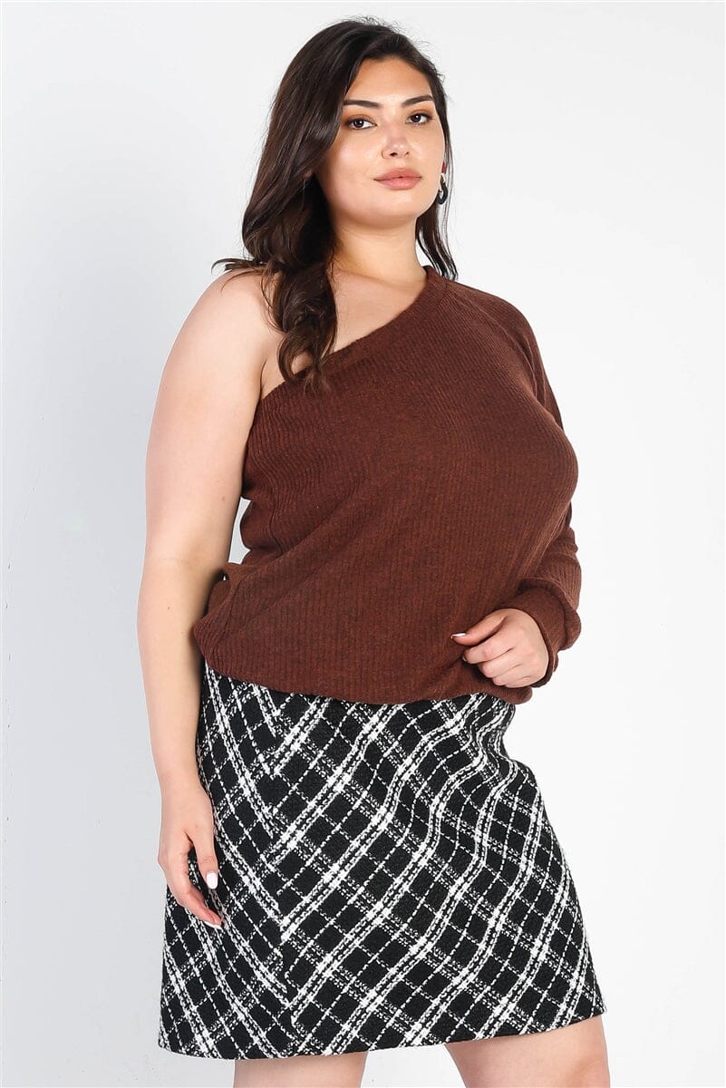 Plus Size Brown Ribbed Textured One Shoulder Top jehouze
