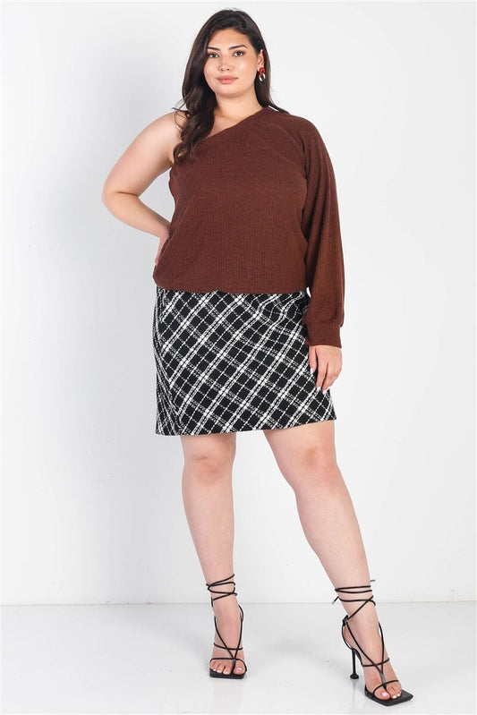 Plus Size Brown Ribbed Textured One Shoulder Top jehouze