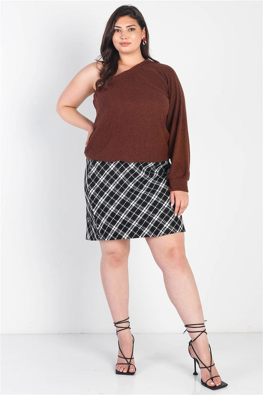 Plus Size Brown Ribbed Textured One Shoulder Top jehouze 