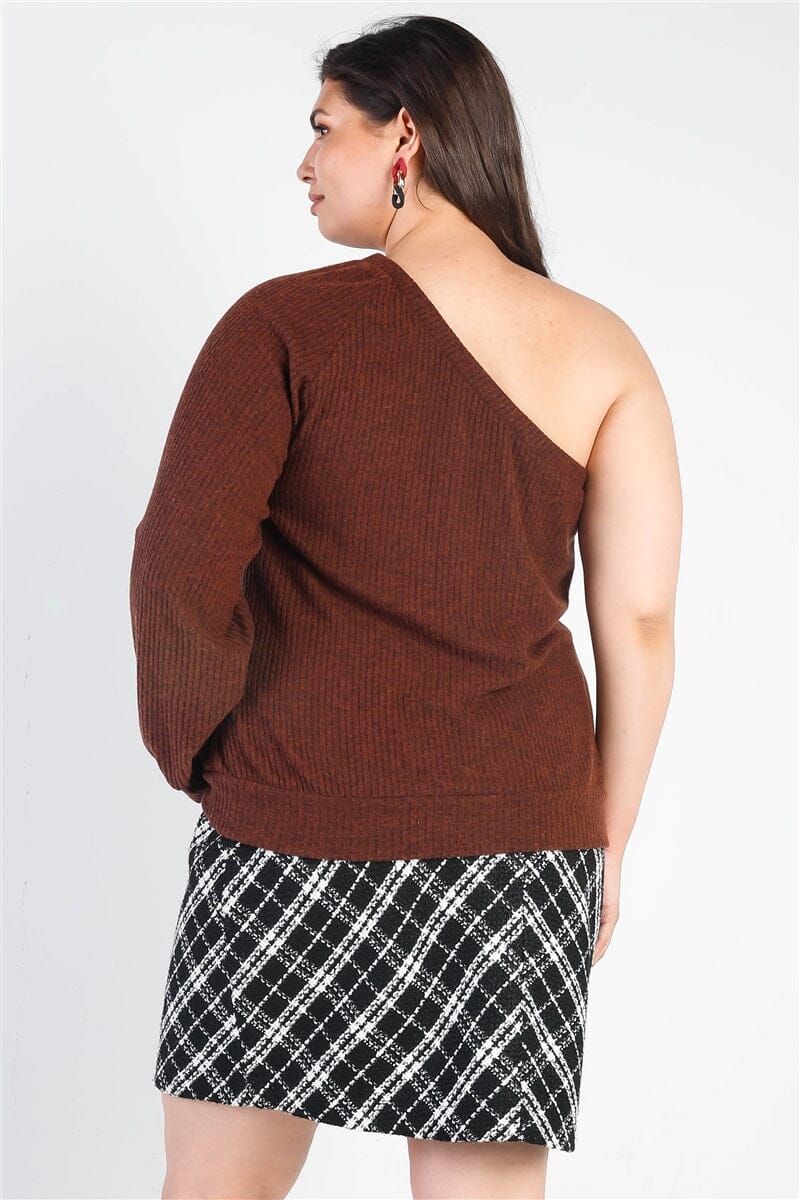 Plus Size Brown Ribbed Textured One Shoulder Top jehouze