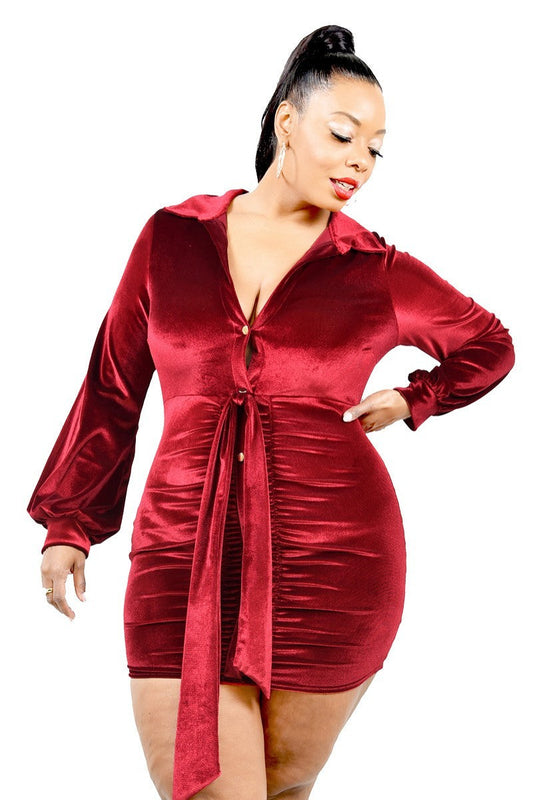 Plus Size Burgundy Velvet Bishop Sleeve Mini Dress Dresses jehouze